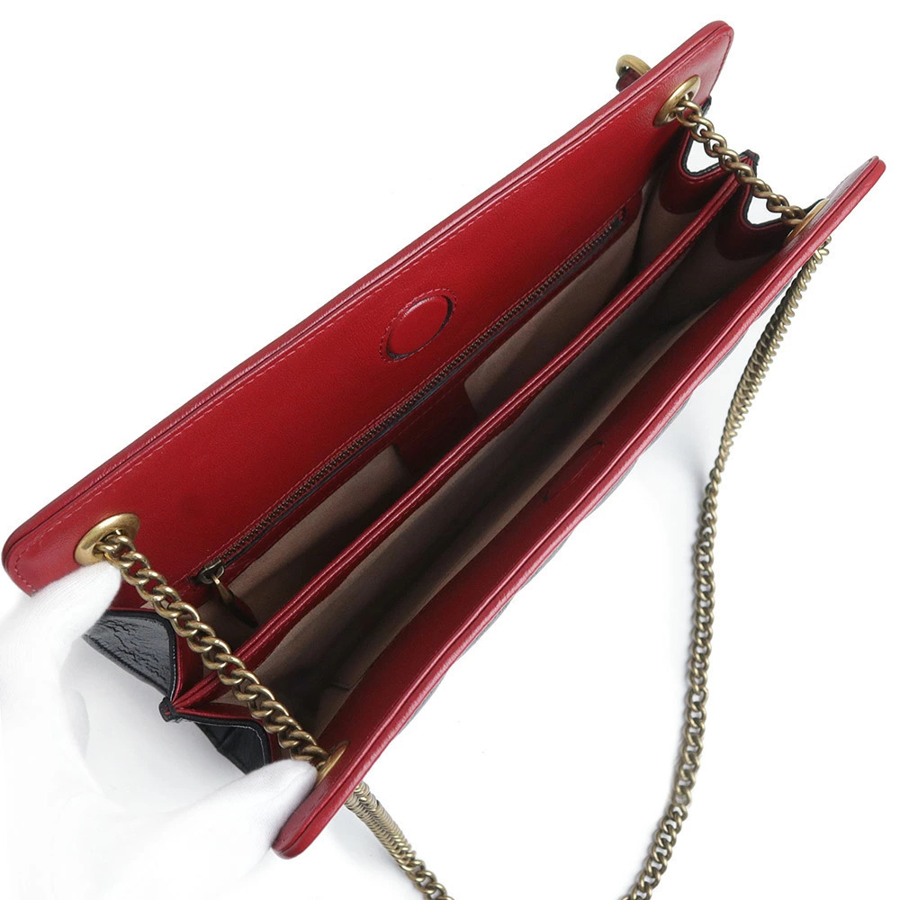 Gucci Bag Black Leather GG Marmont Quilted Red Crossbody Chain Shoulder